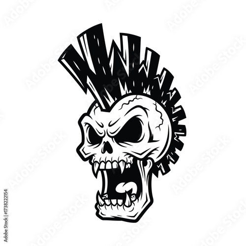 Vector art of a black and white skull with a mohawk, , exudes a punk rock vibe with its edgy and rebellious design