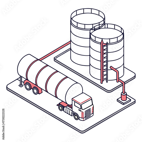 Isometric illustration of a tanker truck delivering fuel to large storage tanks at an industrial facility