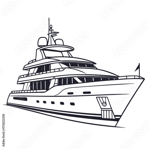 Modern luxury motor yacht with multiple decks and windows depicted in a clean black and white line art illustration