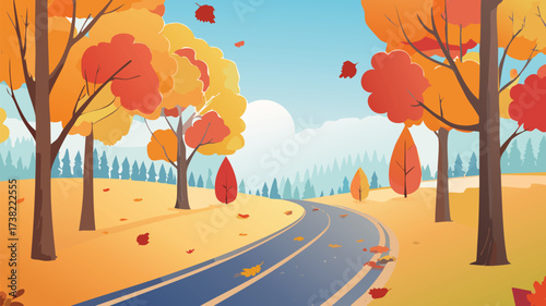 Autumn Park Path Vector with Falling Leaves and Warm Colors