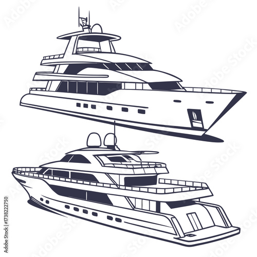 Two luxurious motor yachts depicted in a clean line art style on a white background