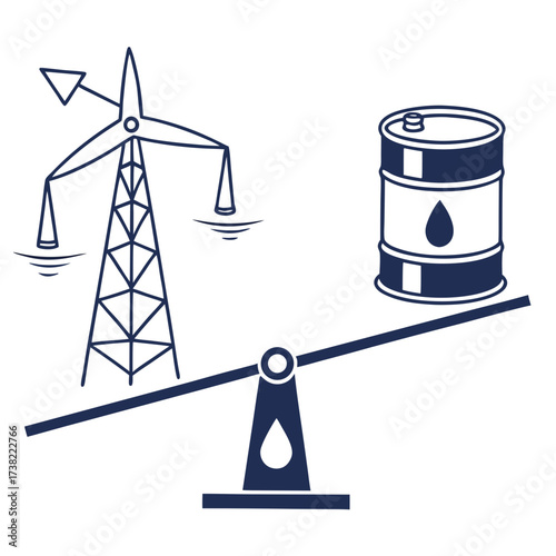 Wind turbine and oil barrel balanced on a seesaw representing energy transition and fossil fuel comparison