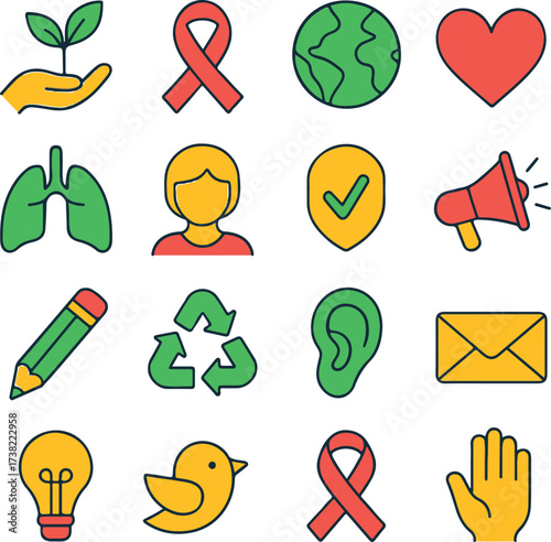 Colorful awareness and nature icons including ribbons, globe, heart, trees, and communication signs. Perfect for campaigns, social causes, environment, and health projects.