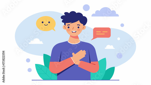 He speaks kindly to himself using positive selftalk and refraining from selfcriticism.. Vector illustration