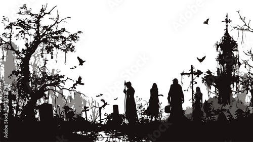 Spooky Grunge Halloween Background with Vector Silhouettes