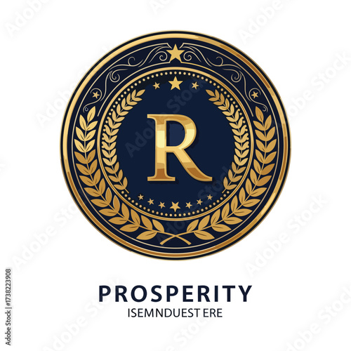 Vector art of prosperity logo with golden r letter and laurel wreath, a luxurious and elegant design for a highend brand or business
