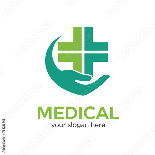 Vector art of medical logo with green cross and hand, a caring and trustworthy design for a healthcare provider or medical organization
