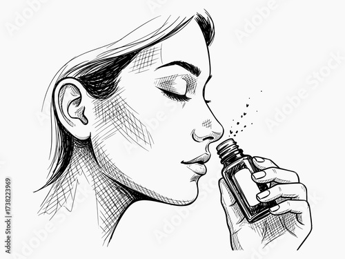 Woman Smelling Essential Oil in Black and White Sketch Style - Vector Illustration for Wellness and Aromatherapy Design