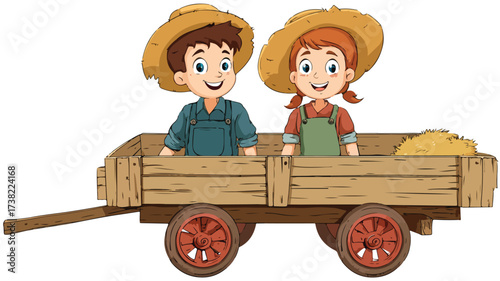 Cheerful Cartoon Farmers with Wagon Smiling Happily in the Farm Field