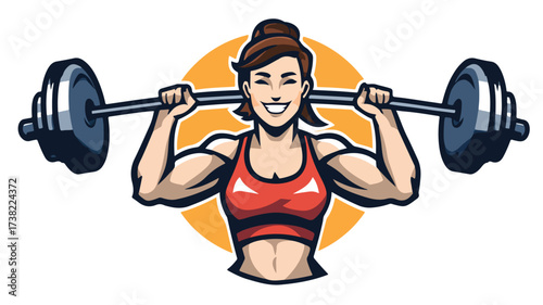 Happy Woman Weightlifting Cartoon Logo Vector with Dumbbell - Fitness Illustration
