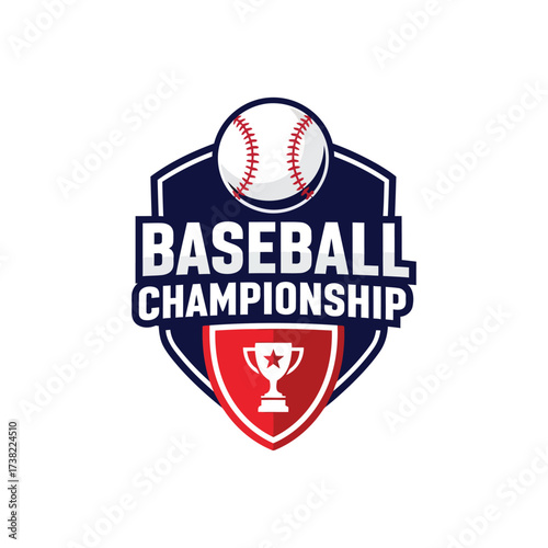 Vector art of baseball championship logo featuring a baseball above the text and a trophy on a red shield below it