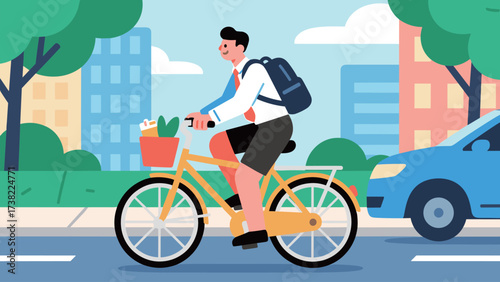 Man cycling to work, commuting in city with backpack, food basket, car, buildings.