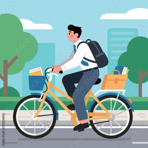 Man Cycling to Work with Books and Backpack