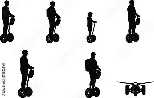 Silhouette vector set of Segway riders in various postures with airplane front view, urban transport, delivery, commuting, modern mobility illustration
