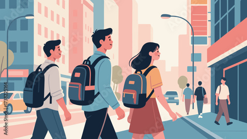 Students walking on city street with backpacks