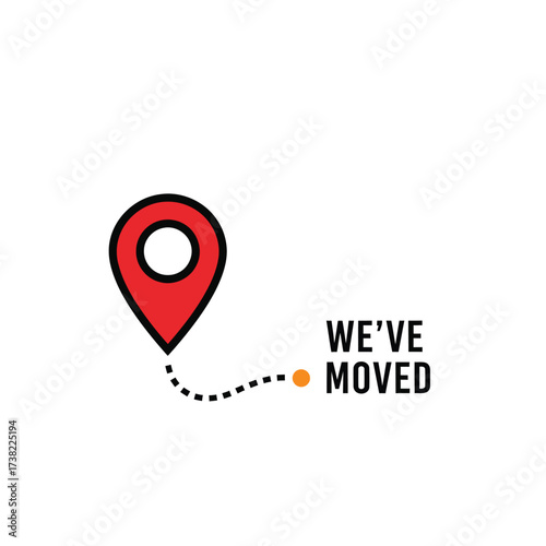 Vector art of red location pin with dotted line and weve moved text, ideal for relocation announcements and address updates
