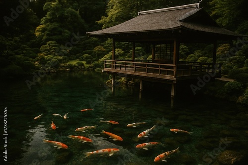 A Japanese pond with crystal-clear water and koi swimming beneath a wooden tea pavilion overlooking the garden.