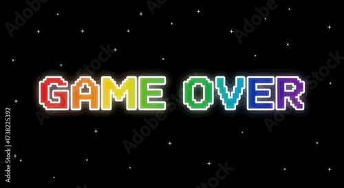 Pixelated Game Over Text in Rainbow Colors Against a Black Background with Starry Accents