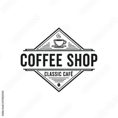 Vector art of vintage coffee shop logo with a cup of coffee and the words coffee shop classic caf for branding