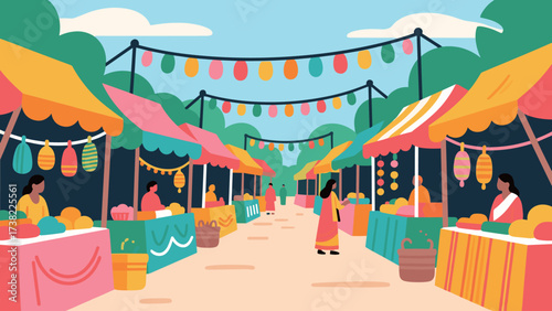 Vibrant Market Scene with Stalls and People