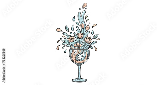 Floral Water Splashes A Delightful Illustration of Blooms Bursting from a Wine Glass