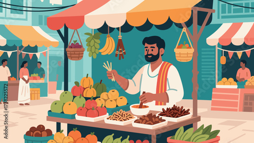 Vibrant Marketplace Scene A Vendor Selling Fresh Produce