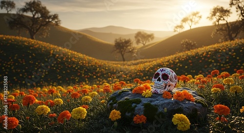Decorated Sugar Skull in a Golden Marigold Field on Rolling Hills at Sunset, Evoking Day of Dead.