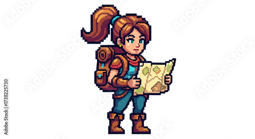 Adventurous female explorer with a map, pixel art style, ready for travel and discovery on her journey