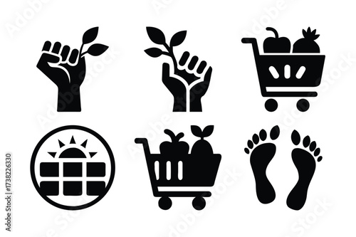 Eco-Friendly Icons Depicting Sustainability and Environmental Awareness Including Renewable Energy, Plant Based Shopping, and Ecological Footprint