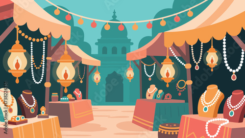 Jewelry Market Scene Colorful Stalls and Lanterns