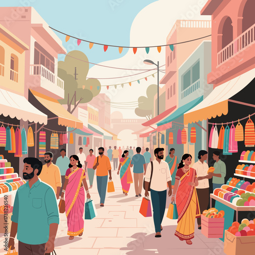 Vibrant Indian Market Scene Bustling Street with Shoppers and Stalls