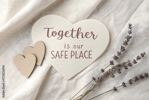 Heart shaped wooden sign with Together is our Safe Place text