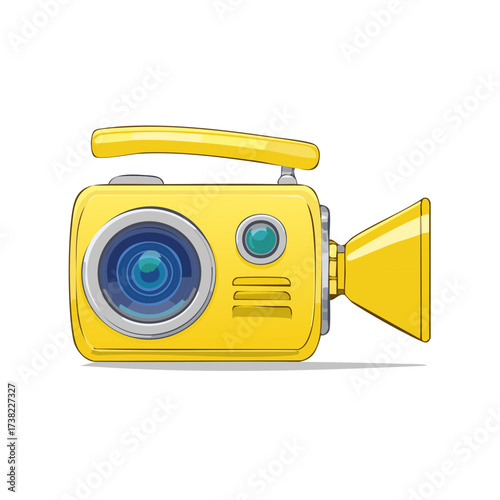 Bright yellow vintage video camera with a handle and lens