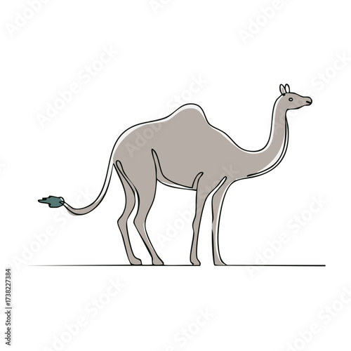 One line drawing of a dromedary camel standing gracefully with a stylized tail