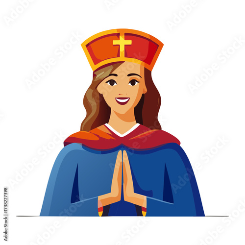 Smiling Woman in Religious Vestments Wearing a Turban and Praying