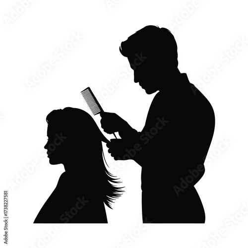 Silhouette of a hairstylist cutting hair of a woman stylized art