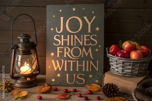 Rustic Autumnal Scene with Glowing Joy Sign and Apples