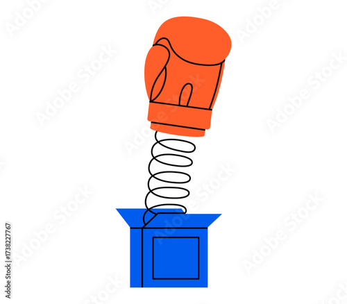 Hand drawn cute illustration of boxing glove on spring. Flat vector funny toy from box doodle. Surprise or sudden joke sticker, icon. Unexpected hit or punch. April fools day. Isolated.