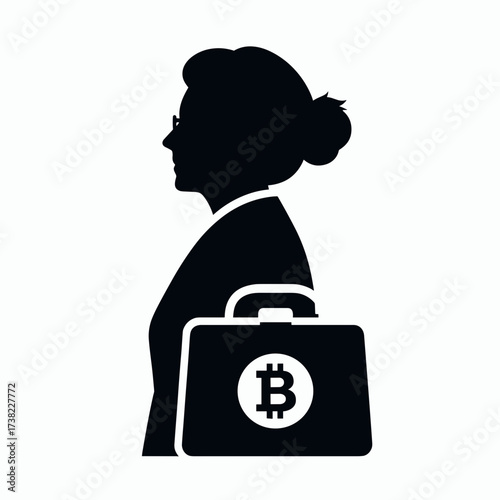 Elderly woman holding a briefcase with a Bitcoin symbol, representing cryptocurrency savings