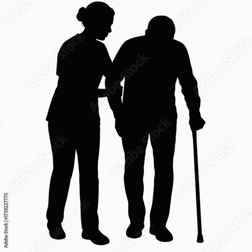 Nurse assisting an elderly man with a cane, depicted in a caring silhouette