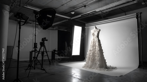 Dramatic studio setup with wedding dress and professional lighting equipment, creating a captivating black and white scene for fashion and bridal concepts