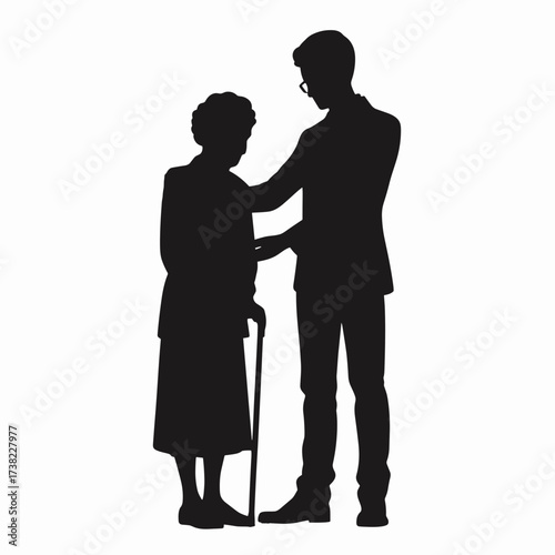 Elderly woman being assisted by younger man in formal attire  
