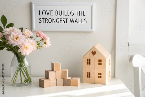 Wooden Toy House Built From Blocks and Displayed in White Room