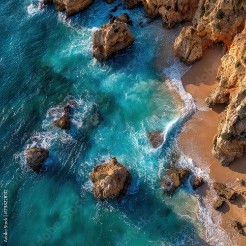 Discover tranquil turquoise waters meeting rocky shores in a stunning aerial view, perfect for travel inspiration and coastal lifestyle design concepts