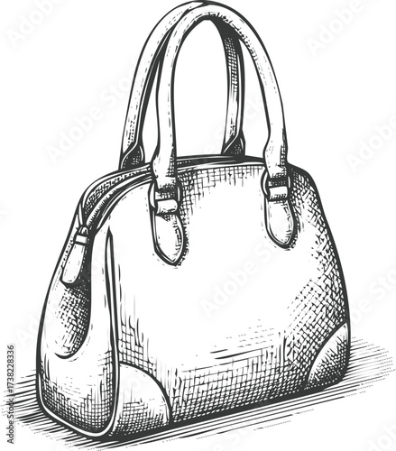 Elegant handbag sketch with dual handles and classic design, , engraving art, vintage style