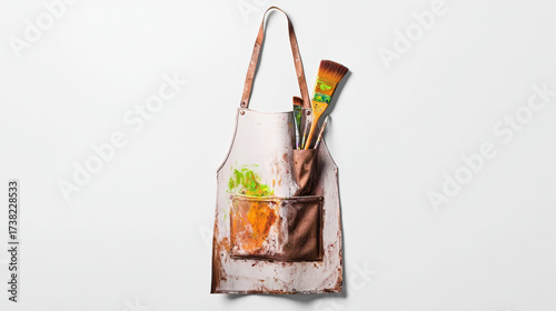 Paint stained apron palette knife paintbrush canvas artistic creative messy tool pocket isolated white background vertical studio equipment painter colorful fabric hobby expressive splatter
