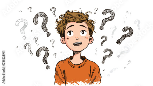 Sweet Boy with Question Marks Around His Head - Curious Child Looking at Car