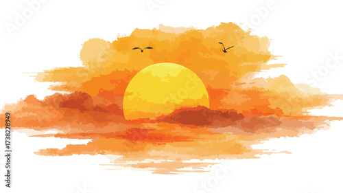 Spectacular Hand-Drawn Golden Sunset Watercolor Illustration