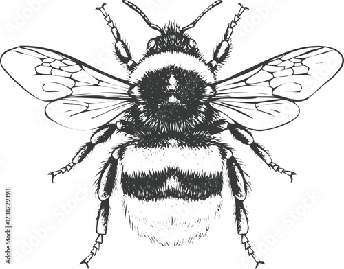 Detailed black and white illustration of bumblebee, engraving art, vintage style