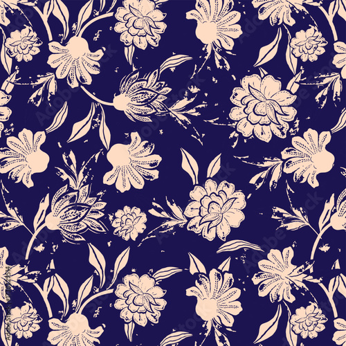 Seamless floral pattern, classic flower ornament, abstract ditsy print in vintage motif. Elegant botanical design of beautiful large wild flowers, leaves, small branches, herbs. Vector illustration.	
